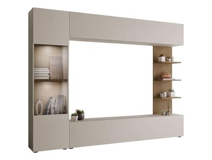 Mirjan24 Wohnwand Lazando, 4-teilig, weißer LED (Cashmere/Cremona Eiche) Anbauwand mit Hängeschrank, Vitrine, TV-Lowboard und Wandregal, 7 Fächern und grifflosen Fronten, B/H/T: 250/187/30 cm