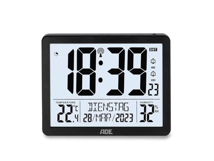 ADE Digitale XL radiogestuurde klok met zeer grote cijfers tafelklok wandklok met 2 wektijden en verlichting thermometer hygrometer slank frame in mat zwart