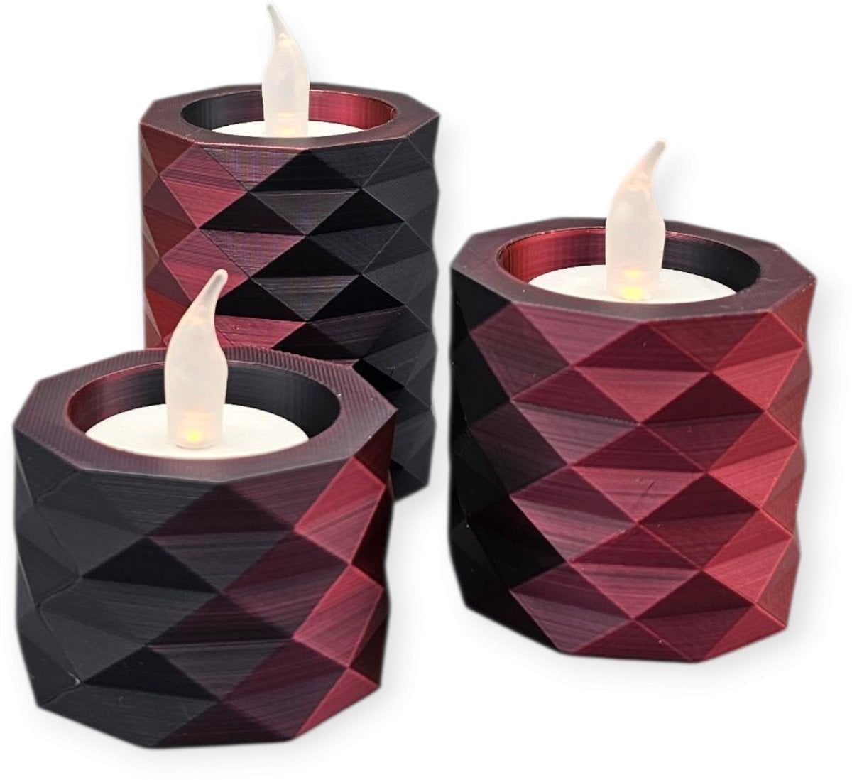 Layerzz Set van 3 3D-geprinte waxinelichthouders met LED-verlichting - Rood zwart - Meerkleurig