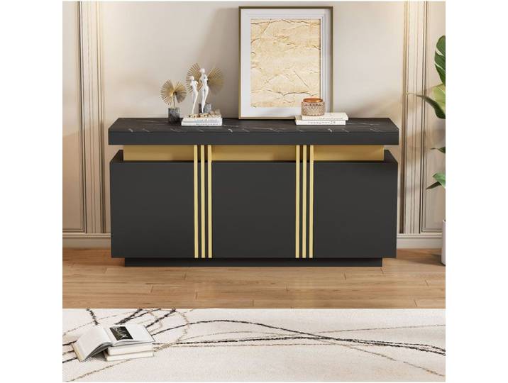Buffet bas moderne AESVAR 3 portes 140x38x70 cm 6 compartiments effet marbre noir et or