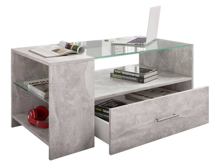 Couchtisch VCM Holz Sofatisch Couchtisch Schublade Glas Tindala , grau (beton, optik), B:100cm T:50cm, Tische, Couchtisch