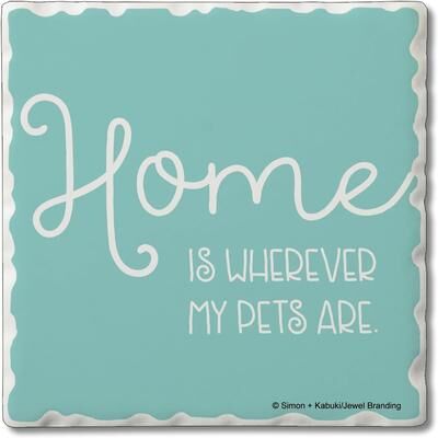 CounterArt "Home Where Pets are 4 Pack Single Absorbent Stone Coaster with Protective Cork Backing Made in The USA 4"" Square, Wipes Clean"