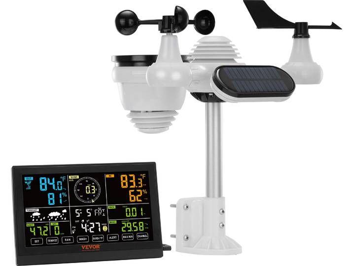 Station météo VEVOR 7-en-1 Station météo sans fil avec capteur extérieur Écran couleur 7\,5\ Horloge atomique RCC pour mesurer la direction du vent Vitesse du vent Pression atmosphérique Température et humidité intérieures/extérieures Phase de lune