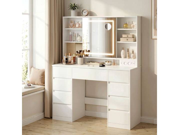 Coiffeuse avec Éclairage et Miroir Table de Maquillage 9 tiroirs Chargeur Intégré Chambre Blanc