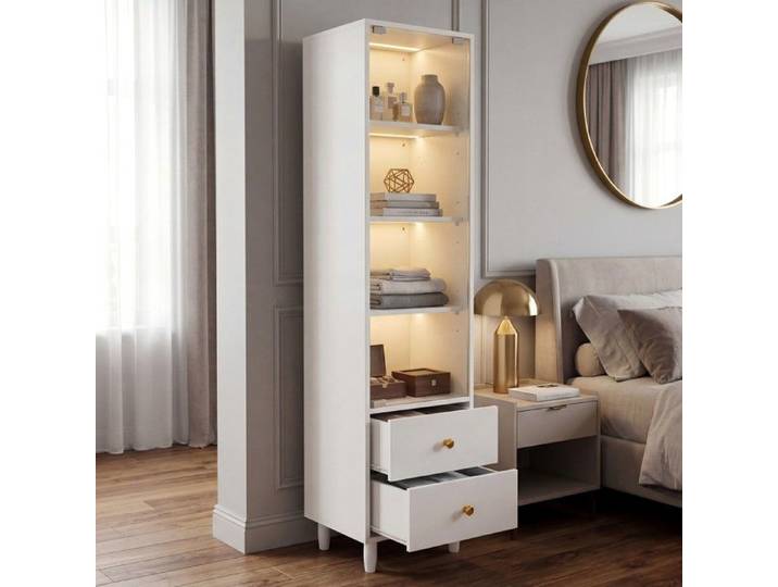 Vitrine Blanche 40x35x165cm éclairage LED portes Vitrées 2 Tiroirs poignées Dorées moderne Pour Collection Et Rangement