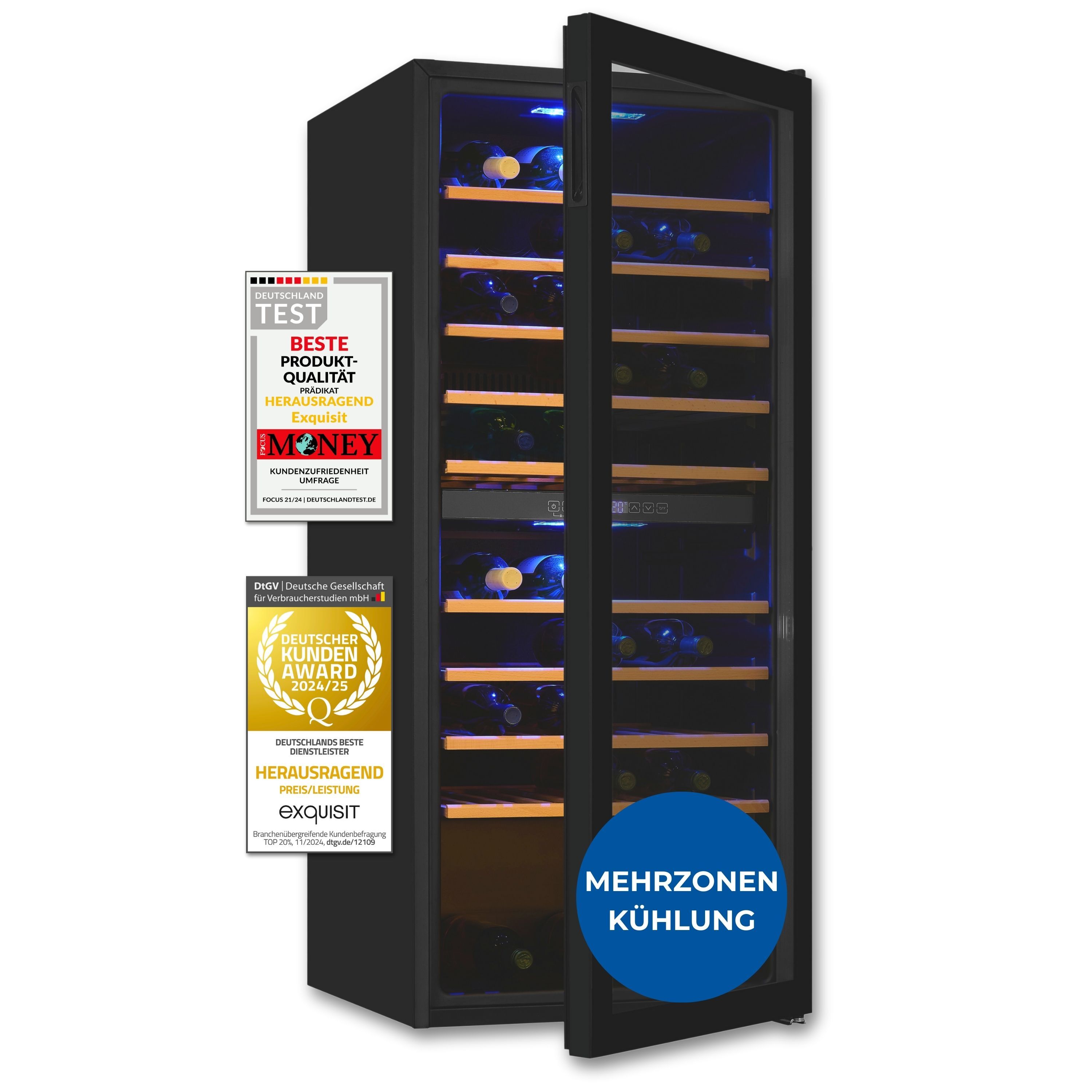 Exquisit Weinkühlschrank 2 Zonen, Platz für 90 Flaschen, 220 Liter, Umluftventilator, Digitale Temperaturanzeige, WS2-114-GTE-160G schwarz