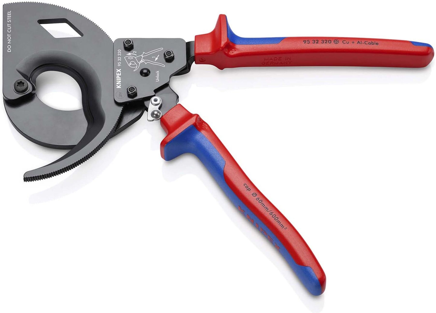 KNIPEX 95 32 320 Kabelschneider (Ratschenprinzip, Dreigang) mit Mehrkomponenten-Hüllen schwarz lackiert 320 mm)