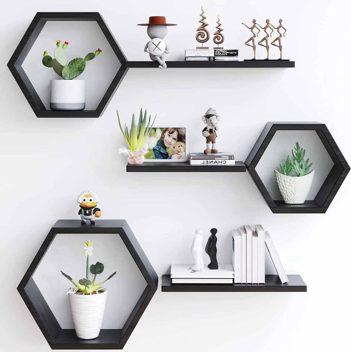 Set van 6 Zeshoekige Wandplanken - Drijvende Decoratie - Zwart