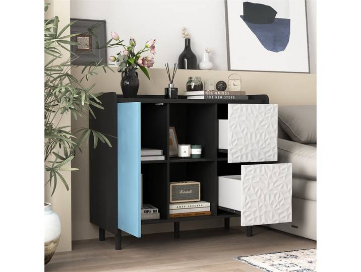 MODFU Sideboard Moderner Buffetschrank,mit Türen (Schwarzer Sideboard-Buffetschrank– 2 Schubladen & 2 offene Fächer für Küche, Wohnzimmer & Arbeitszimmer, 1 St)