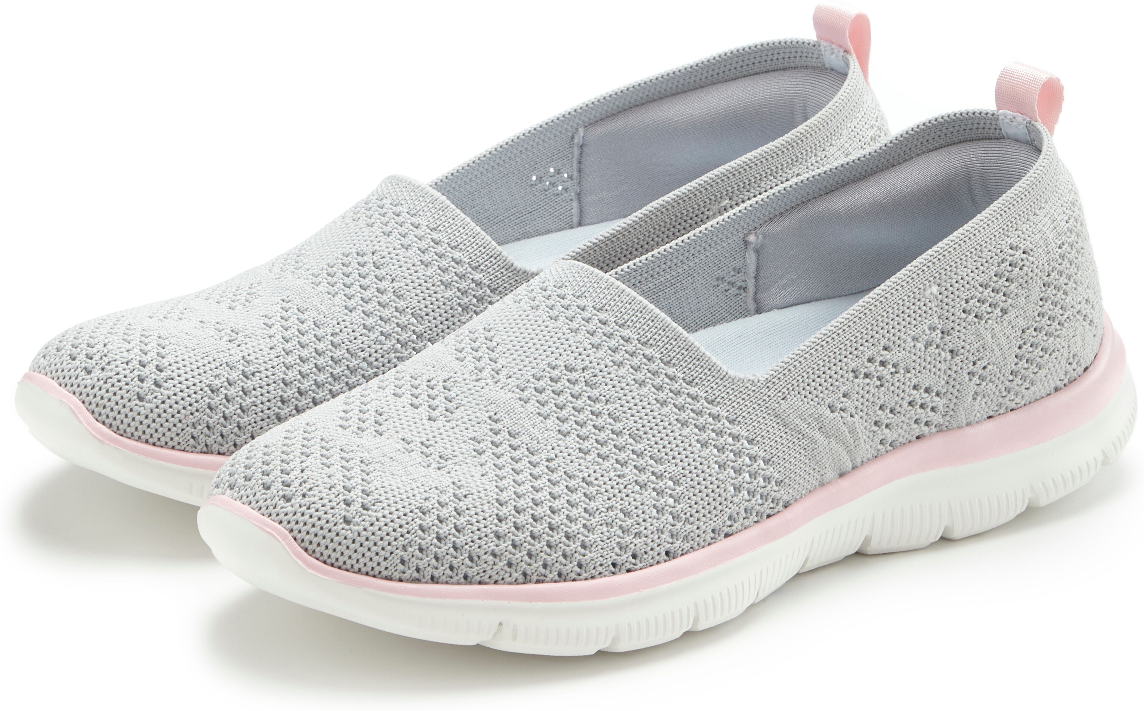Slipper LASCANA "Ballerina, Sneaker, Freizeitschuh, Slip-On-Sneaker", Damen, Gr. 41, blau (grau, rosé), Obermaterial: 100% Textilmaterial. Decksohle: 100% Textilmaterial. Futter: 100% Textilmaterial. Laufsohle: 100% Synthetik, kontrastfarbene Details, meh