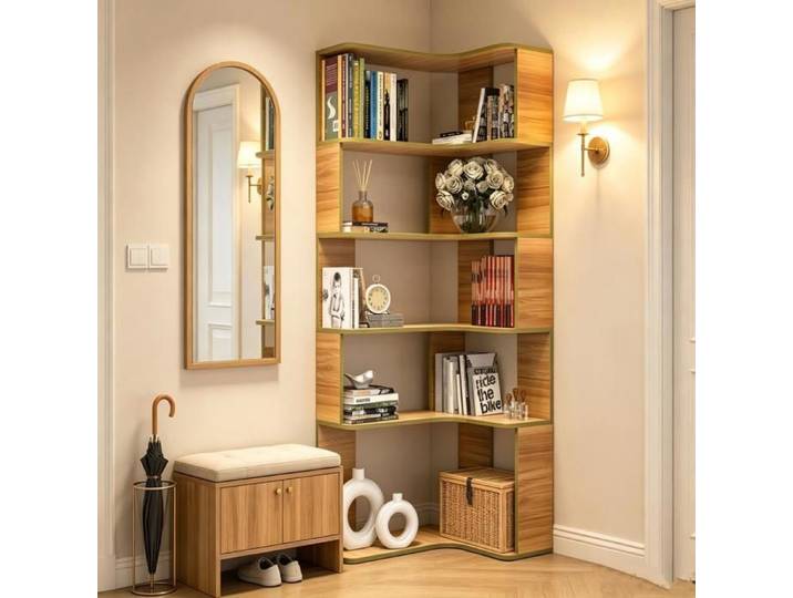 PIPIPOXER Bibliothèque Forme de L d'angle étagère de rangement couleur bois pour entrée maison rangement décoration étagère