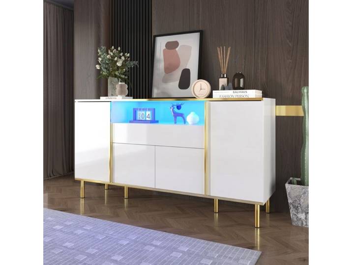 Buffet blanc brillant 150x40x80cm - Commode 1 tiroir élégante - Meuble Chambre&salon