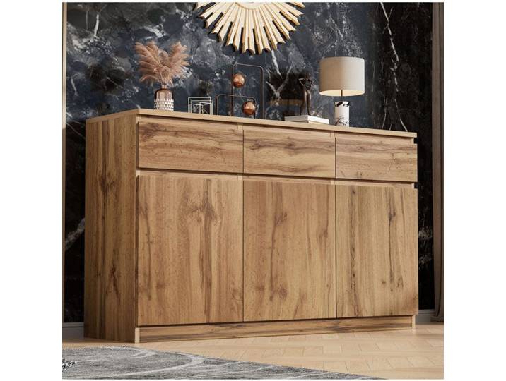 Buffet Bas - Buffet de Rangement 135x40x81 cm - 3 Portes - 3 Tiroirs - Poignées cachées et Étages Réglables - Couleur Naturelle