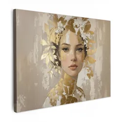 LEINWANDBILD Gesicht - Frau - Blätter - Gold Wandbild 40x30 cm