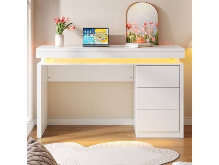 Bureau –Bureau d'ordinateur avec LED – Bureau avec trois tiroirs surface de travail Bureau pour bureau à domicile et jeux