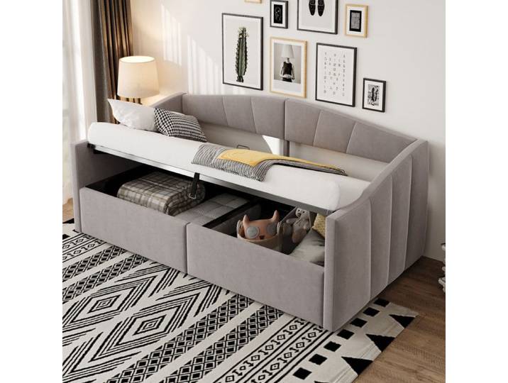 Canapé-lit - DREAMMESPACE - 90x200cm - Velours gris clair - Rembourré - Avec coffre
