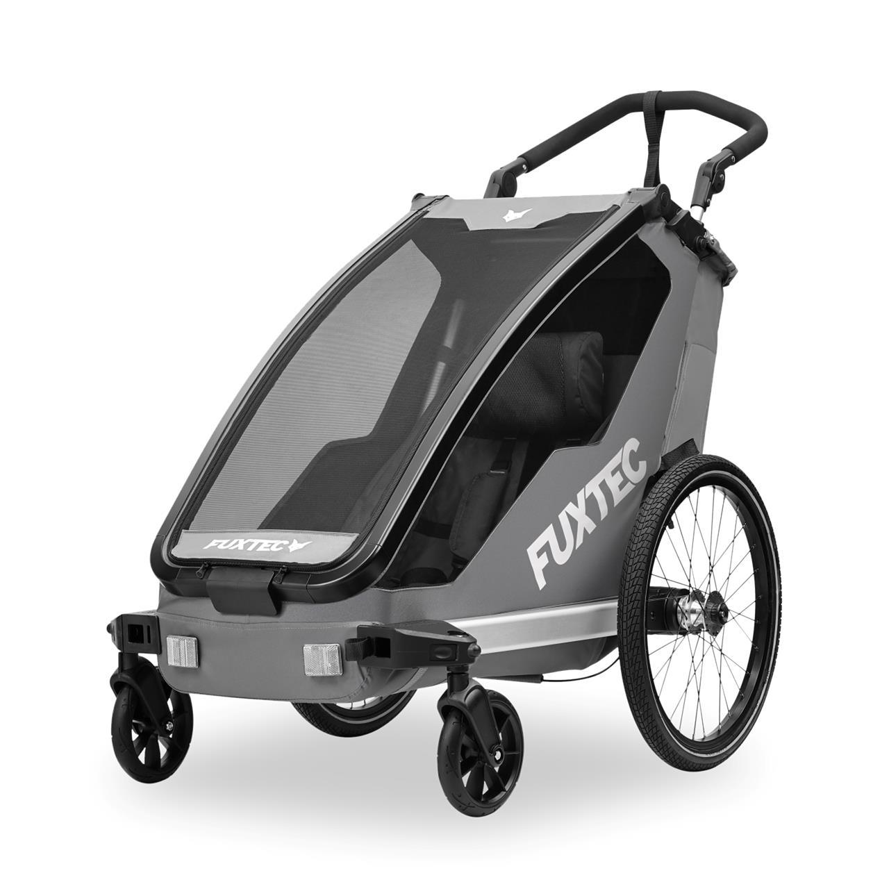 FUXTEC Fahrradanhänger FX-FA1S | Einsitzer faltbar mit Schiebegriff & Kupplung | Regenschutz | Sicherheitsfahne | 5-Punkt-Gurt | max. Zuladung 35kg Grau