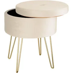 tectake Sitzhocker Ava gepolstert in Samtoptik 300kg mit Stauraum  Creme