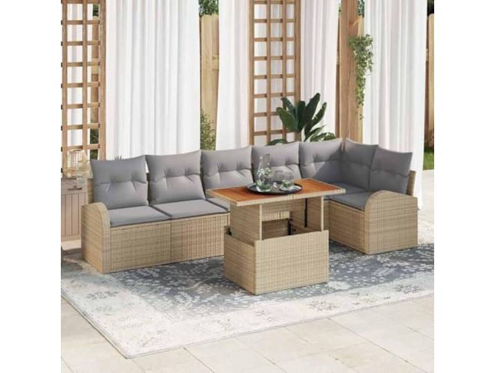 HEFZGDB Garten-Sofa-Set mit Kissen 7 pcs Beige und Hellgrau, Outdoor Sitzgruppe aus Poly-Rattan mit Akazienholz-Tischplatte und Stauraum