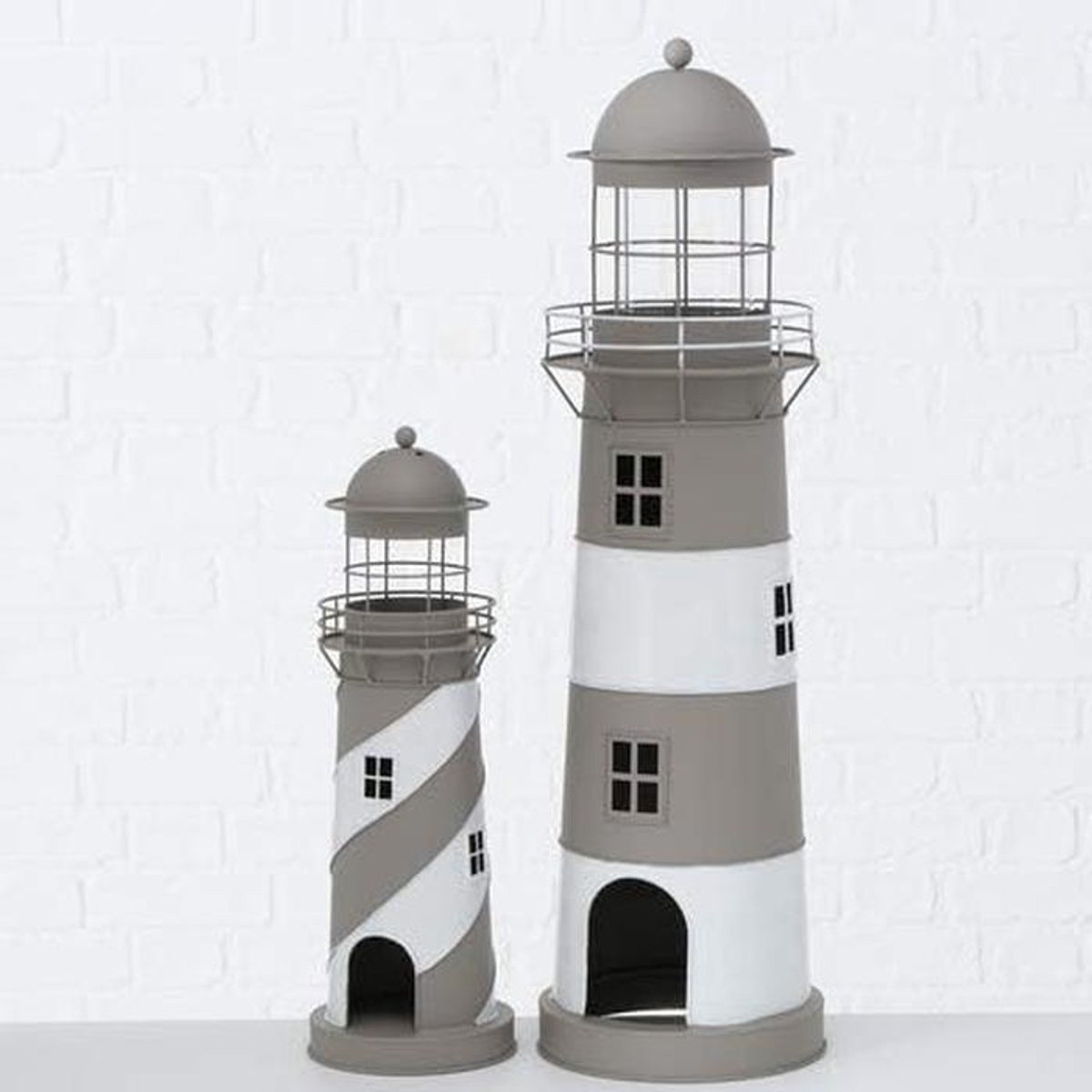 Decoratieve Vuurtoren Lantaarn Windlicht - Grijs Wit IJzer - Hoogte: 48 cm