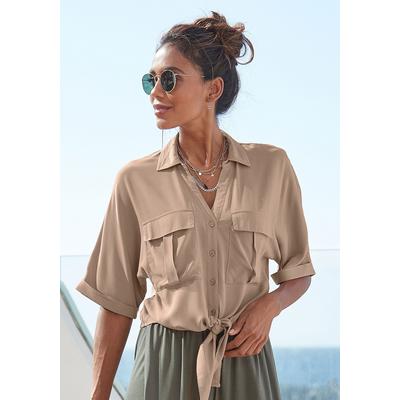 Kurzarmbluse LASCANA "mit Knotendetail und Knopfleiste", Damen, Gr. 42, braun (camelfarben), Web, Obermaterial: 100% Viskose, unifarben, figurumspielend hüftlang, V-Ausschnitt, Aufschlag, Blusen, verkürzte Damenbluse, Bluse im Cargo-Stil, Bluse mit...