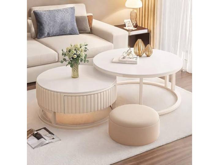 HRXQ Runder Couchtisch Weiß Couchtisch Rund 2er Set Wohnzimmertisch Nesting Kaffeetisch Für Wohnzimmer, Balkon Und Büro - 70cm+50cm