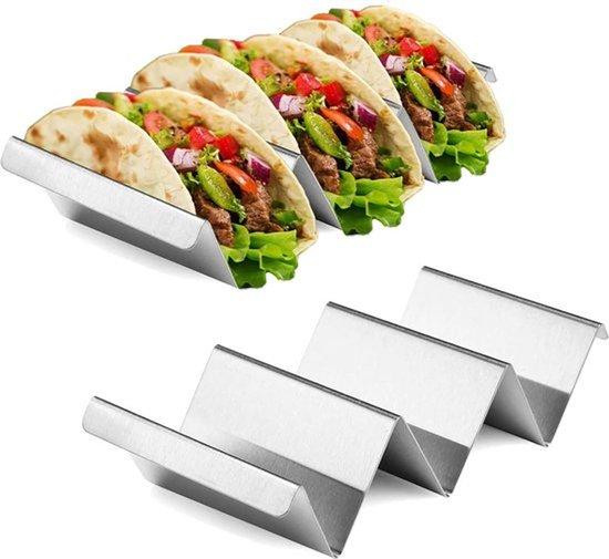 Set van 2 zilverkleurige tortilla- en taco-houders met 3 compartimenten, geschikt voor 6 taco's, gemaakt van roestvrij staal