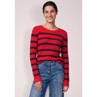 Rundhalspullover CECIL, Damen, Gr. M (40), flame rot, Web, 100% Baumwolle, gestreift, normal normal, Rundhals, Rippbündchen, Pullover Rundhalspullover, aus reiner Baumwolle