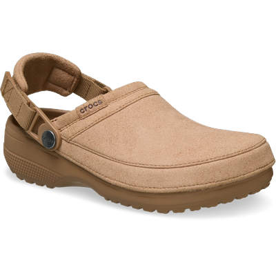 Clog CROCS "Classic Crafted Vegan", Damen, Gr. 46, Croslite™, beige (milk chocolate), Croslite™, Velourslederimitat, Basic, Schuhe Clog, Hausschuh, Gartenschuh, Sommerschuh mit Fersenriemen