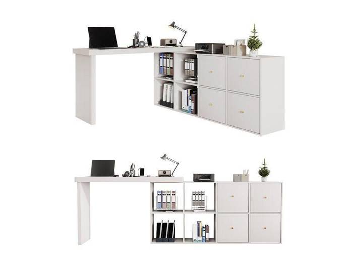 Bureau d'angle en L ou en ligne droite plateau pivotant à 360° avec 4 compartiments 4 tiroirs configuration flexible 120x48x78 cm