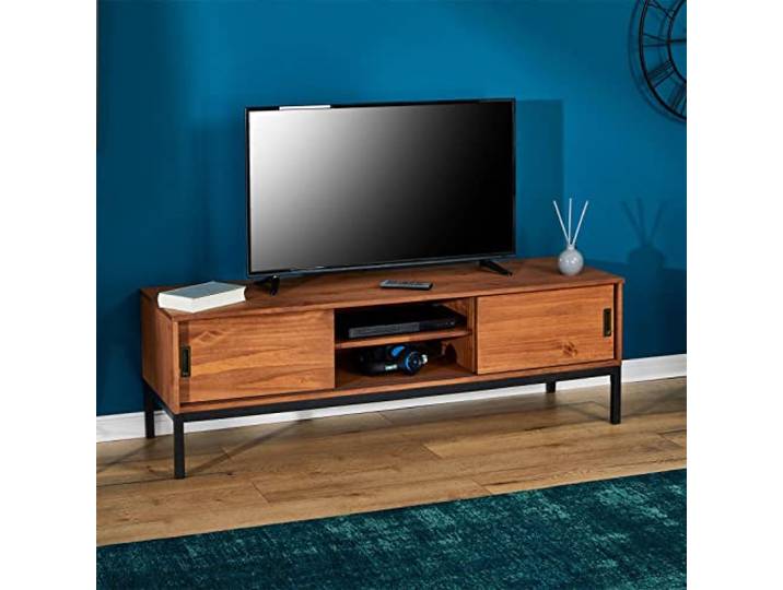 IDIMEX Meuble TV Selma L 145 cm en Bois Massif Brun foncé au Style Industriel Design Vintage avec 2 Portes coulissantes et 1 Compartiment Ouvert\, pour télé jusqu'à 152 cm
