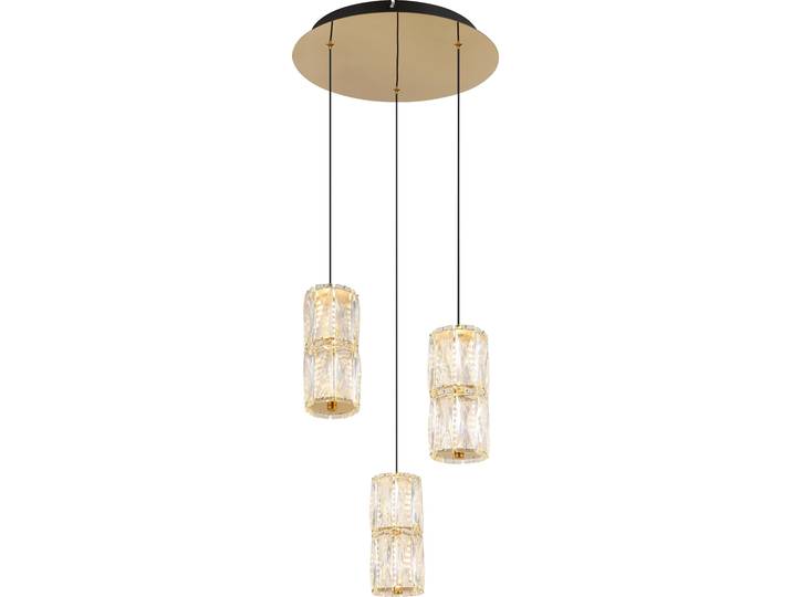 Suspension LED\, cristaux de verre\, 3 flammes\, or\, H 150 cm