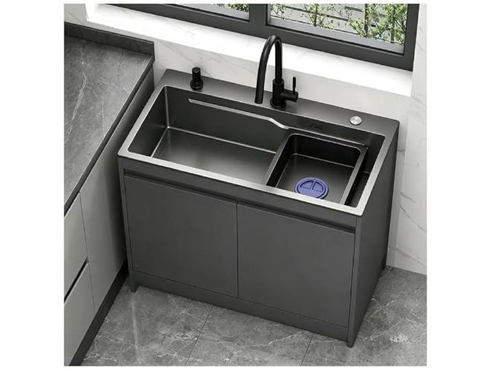 Freistehendes Edelstahl Nutzspülbecken, 304 Spülbecken mit Unterschrank Heiß Kalt Wasserhahn Wabenaluminium für Küche Innen Außen Gewerblich