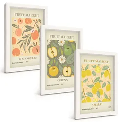 BILDER SET 3er Set - 20x30 cm Weißer Rahmen - Retro-Poster mit Fruchtmustern