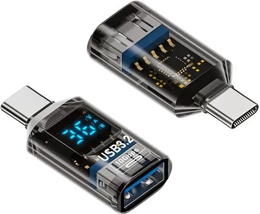 INF USB-A-Buchse auf USB-C-Stecker Adapter mit Digitalanzeige, Transparent Schwarz (2er-Pack)