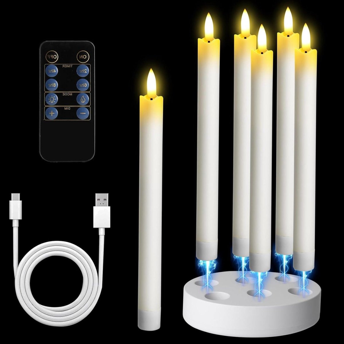 Set van 6 witte oplaadbare LED staafkaarsen van echte was