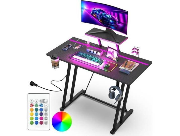 Bureau Gamer LED - PIPIPOXER - Multifonctionnel - Noir - Prise Electrique - Porte-Gobele - Crochet pour Casque