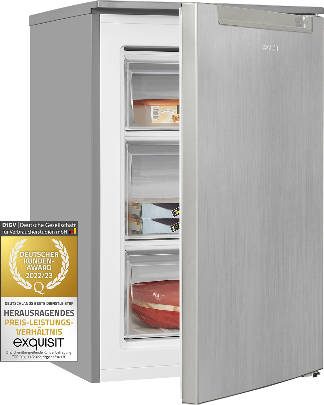Exquisit Gefrierschrank GS81-040C inoxlook | 87 l Nutzinhalt | Gefrierschubladen | Türanschlag wechselbar