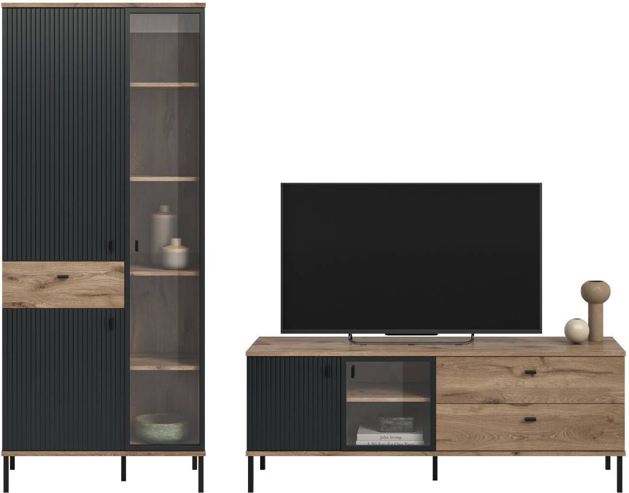 Pharao24.de Wohnzimmerschrank Vitrinenschrank zweiteilig 198 cm hoch (zweiteilig)