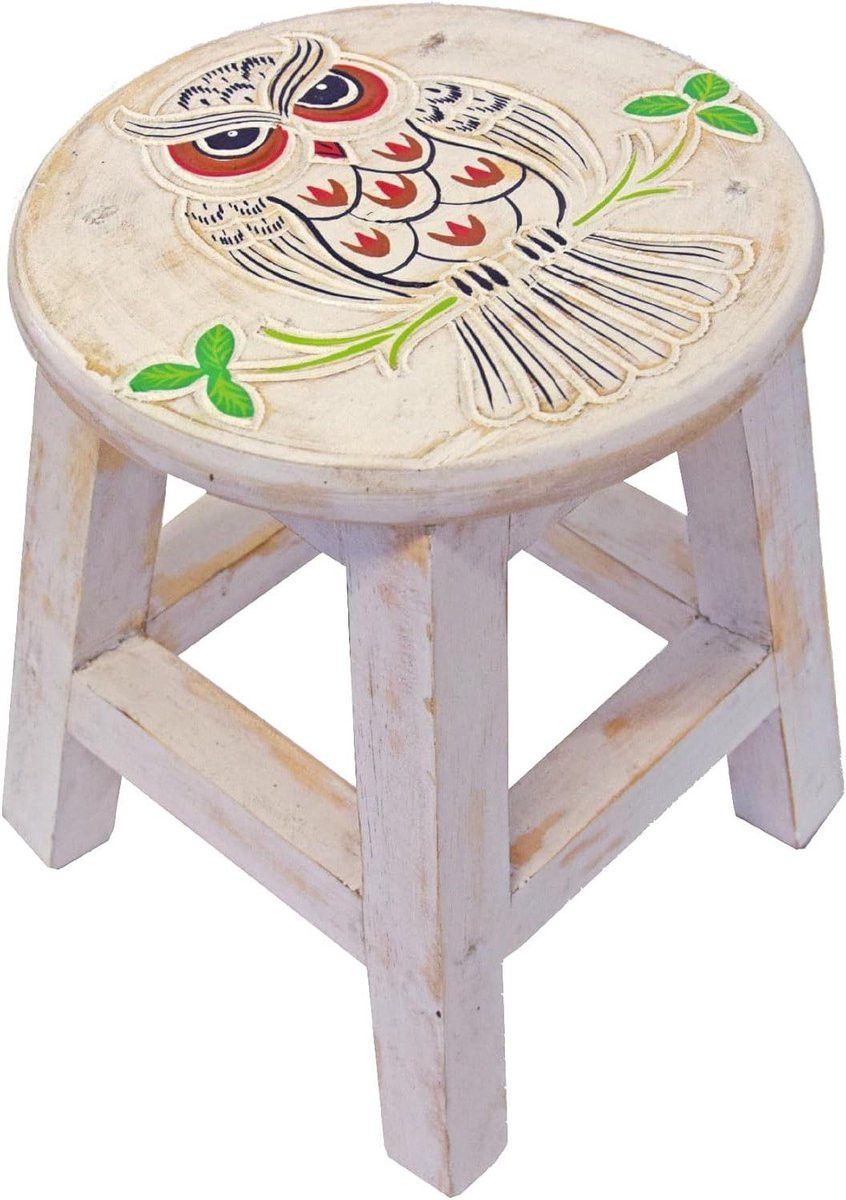 Houten Kinderkruk en Voetenbankje met Handgeschilderd Dierenmotief - Wit - Hoogte: 30 cm