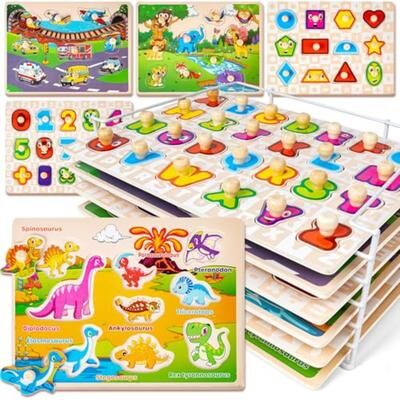 JoyToys 6 Pack Wooden Puzzles For Toddlers With Storage Rack Montessori Alphabet Number Learning Set 6 Pack Wooden Puzzles For Toddlers With Storage Rack Montessori Alphabet Number Learning Set