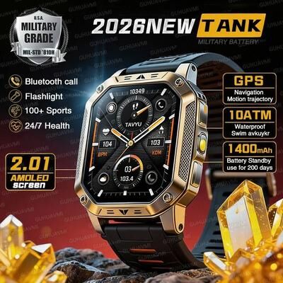 Uplift Essentials "TANK Ultra Military Smart Watch 1400mAh Battery & 2.01"" AMOLED 10ATM Waterproof GPS Tactical SmartWatch black Mesh Belt 2a"