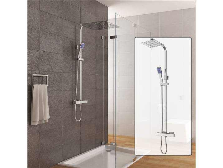 Ensemble de douche mitigeur tige de douche chromée, ensemble de colonne de douche, système de douche de pluie avec pomme de douche d'angle en acier inoxydable 30 x 30 cm