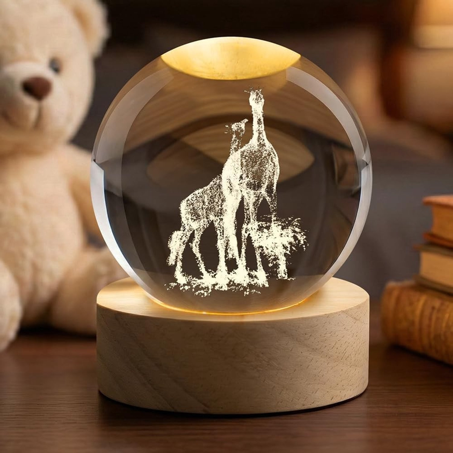 Decoratieve 3D Kristallen Bal met Houten Voet en Verlichting via USB voor Thuisdecoratie