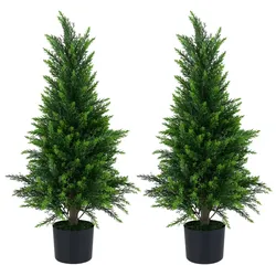 COSTWAY 2er Set künstliche Zedernbäume 90cm, Kunstbaum mit Topf, Stamm & Blätter aus PE, grüne Dekokunstpflanze