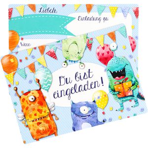 Papierdrachen Einladungskarten Monster, für Kindergeburtstage, 105 x 148 mm (A6), Postkarten, 12 Stück