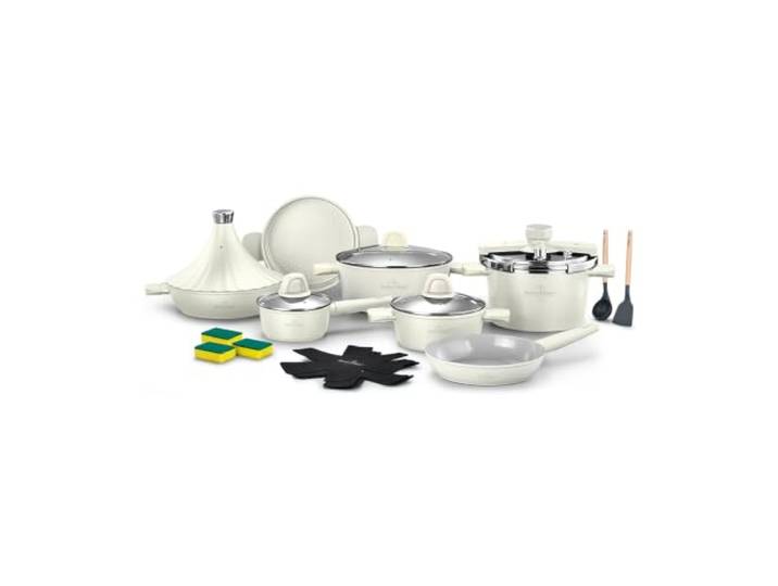 Swiss Haus Kochgeschirr, 20-teilig, antihaftbeschichtet, Induktion PFAS-freie Sapphire Keramikbeschichtung · Modulares All-in-One-Set · abnehmbare Holzgriffe