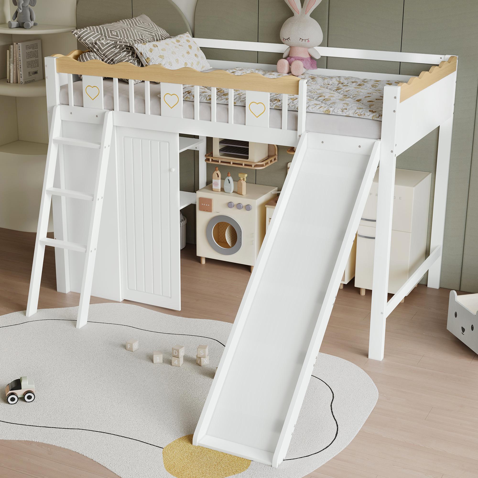 MODFU Kinderbett 90x200cm mit Kinderrutsche,Holzbett Bettgestell mit exquisiten Mustern,Jugendbett mit Kleiderschrank und Ablageschrank
