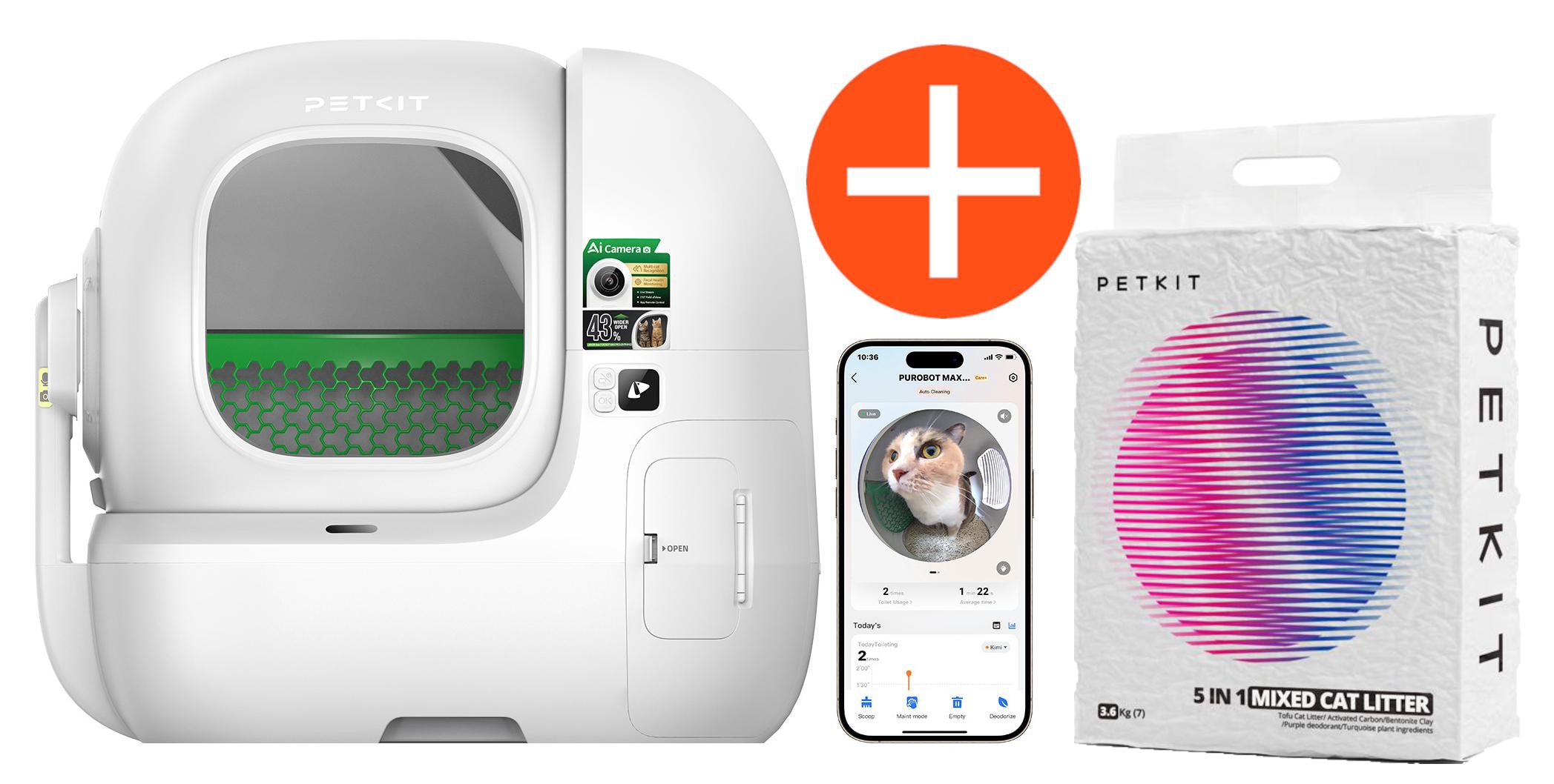 PETKIT Purobot Max Pro 2 Selbstreinigende Katzentoilette + Petkit 5in1 Katzenstreu Mix MK01-10D+MK01-104