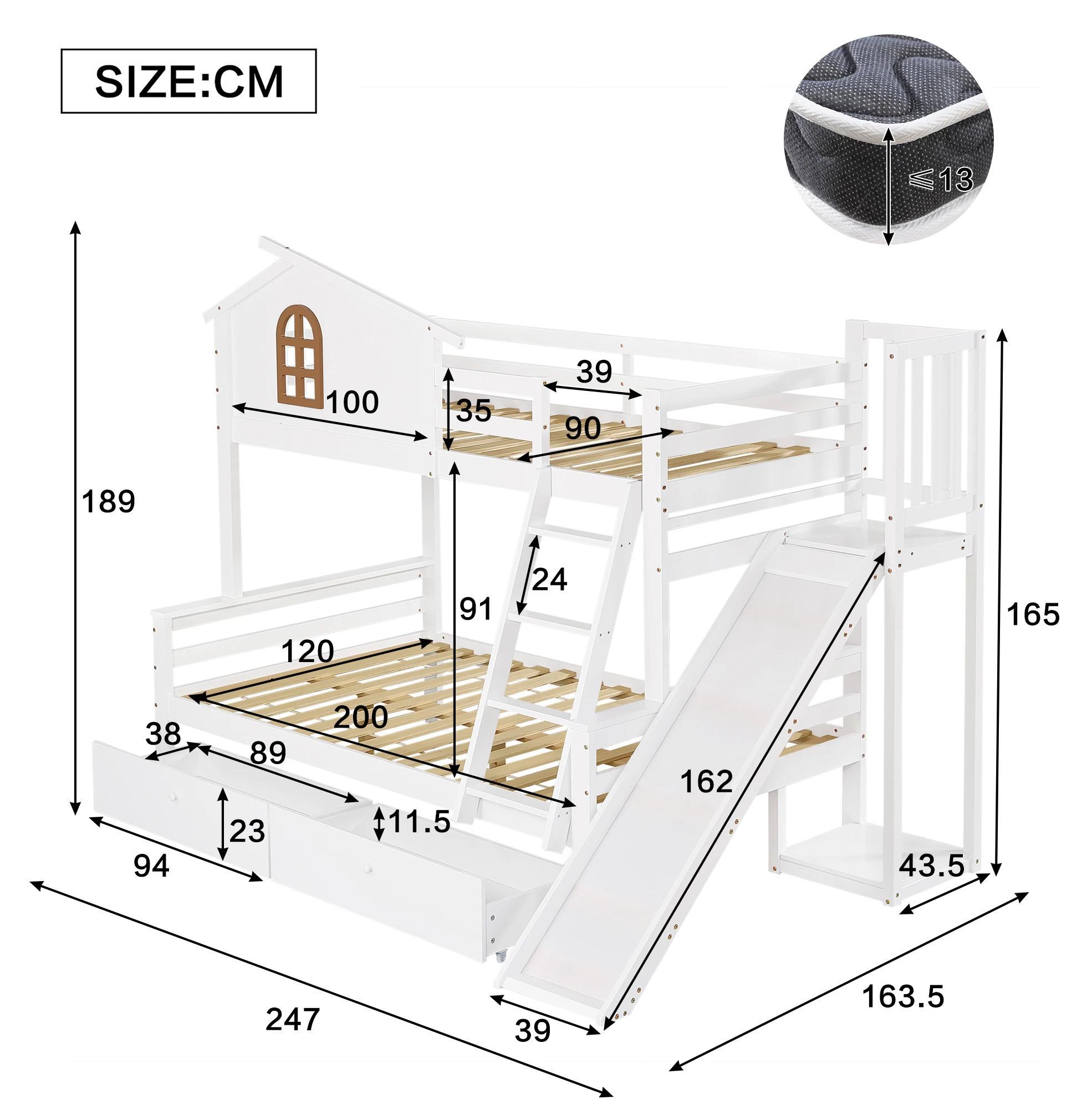 Etagenbett - Familienbett - Mit Rutsche - Spielhaus-Design mit Fenstern - Treppe mit 4 Stufen - 2 Schubladen - Holzrahmen - 120x200 cm
